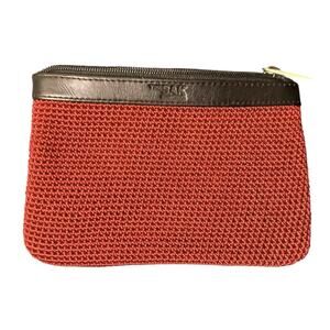 Red Woven Crochet Pouch Cosmetic Bag Clutch Leather Logo Trim The Sak Originals
